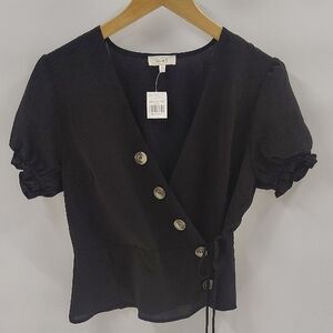 Love J Black Wrap Blouse With Button Detail Size Large Puff Short Sleeve